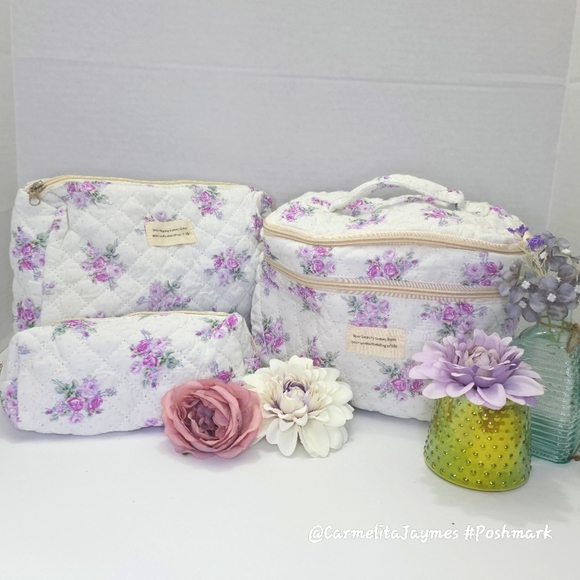 Floral Quilted 👝 3 pc XL Cosmetic Bag Set Travel Toiletry Makeup Organizer NWT - Picture 12 of 15